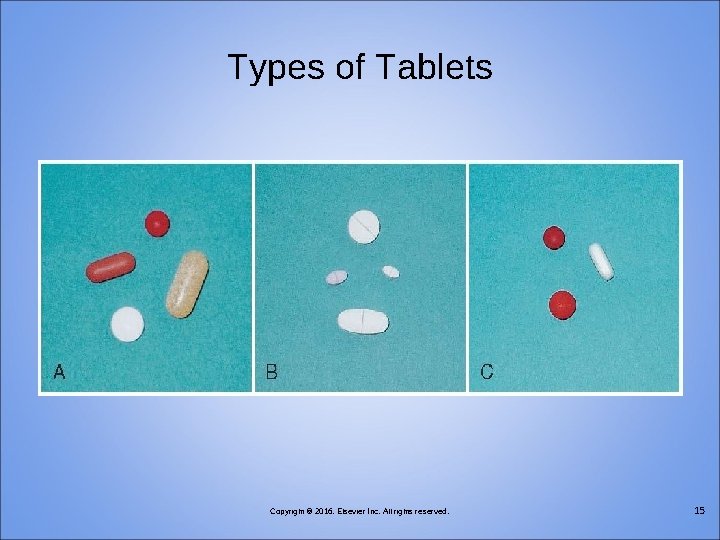 Types of Tablets Copyright © 2016, Elsevier Inc. All rights reserved. 15 