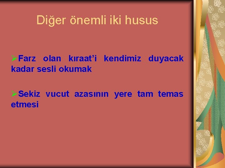 Diğer önemli iki husus ØFarz olan kıraat’i kendimiz duyacak kadar sesli okumak ØSekiz vucut