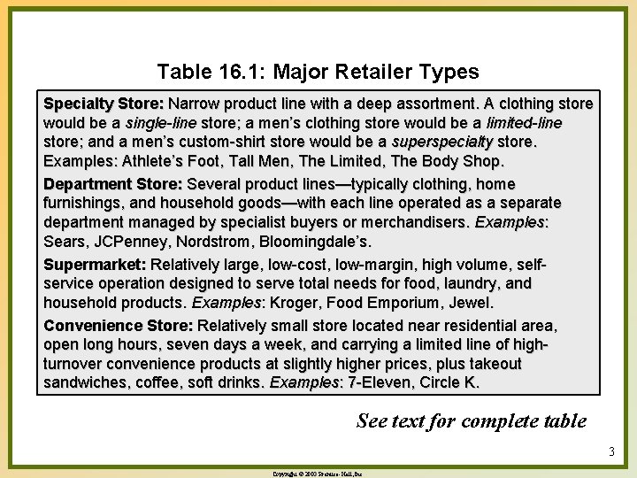 Table 16. 1: Major Retailer Types Specialty Store: Narrow product line with a deep