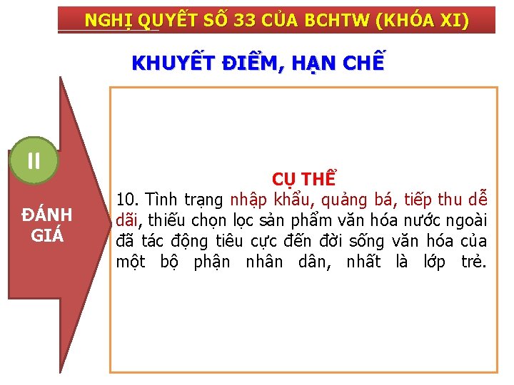 NGHỊ QUYẾT SỐ 33 CỦA BCHTW (KHÓA XI) KHUYẾT ĐIỂM, HẠN CHẾ II ĐÁNH