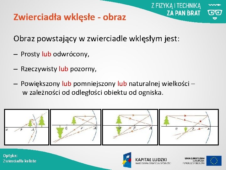 Zwierciadła wklęsłe - obraz Obraz powstający w zwierciadle wklęsłym jest: – Prosty lub odwrócony,