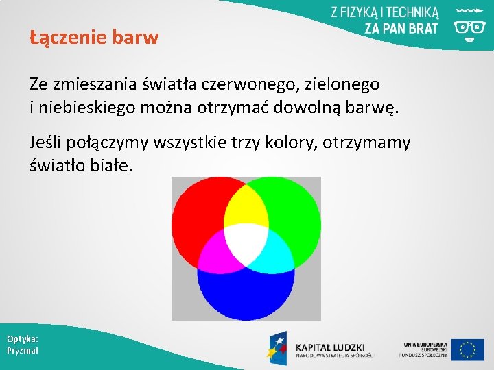 Łączenie barw Ze zmieszania światła czerwonego, zielonego i niebieskiego można otrzymać dowolną barwę. Jeśli