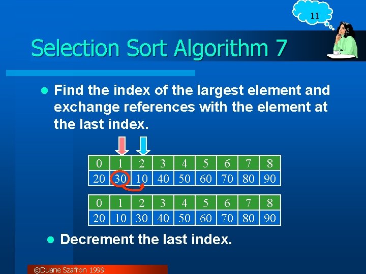 11 Selection Sort Algorithm 7 l Find the index of the largest element and