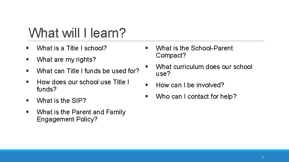 What will I learn? § What is a Title I school? § What are