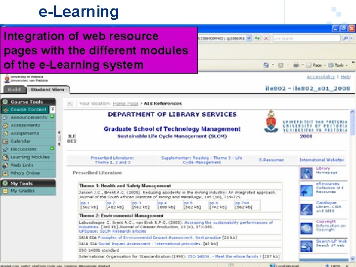 e-Learning Integration of web resource pages with the different modules of the e-Learning system