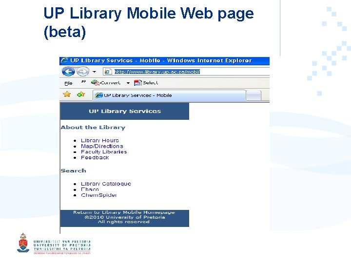 UP Library Mobile Web page (beta) 