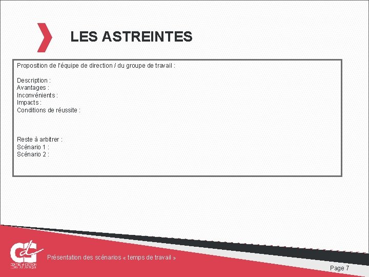 LES ASTREINTES Proposition de l’équipe de direction / du groupe de travail : Description