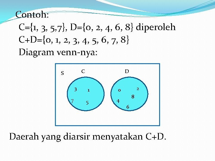 Contoh: C={1, 3, 5, 7}, D={0, 2, 4, 6, 8} diperoleh C+D={0, 1, 2,