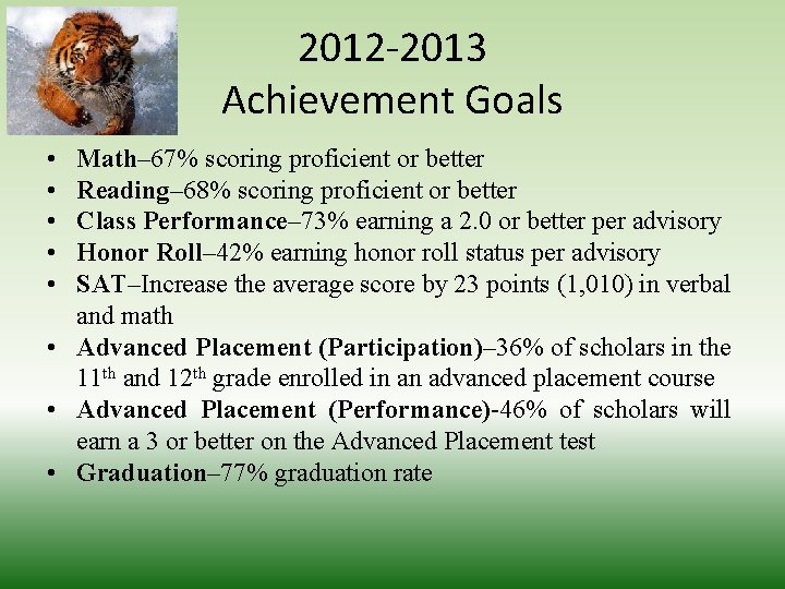 2012 -2013 Achievement Goals • • • Math– 67% scoring proficient or better Reading–