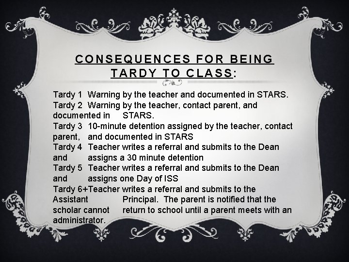 CONSEQUENCES FOR BEING TARDY TO CLASS: Tardy 1 Warning by the teacher and documented