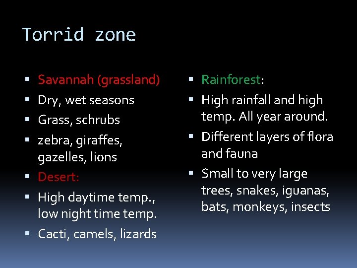 Torrid zone Savannah (grassland) Dry, wet seasons Grass, schrubs zebra, giraffes, gazelles, lions Desert: