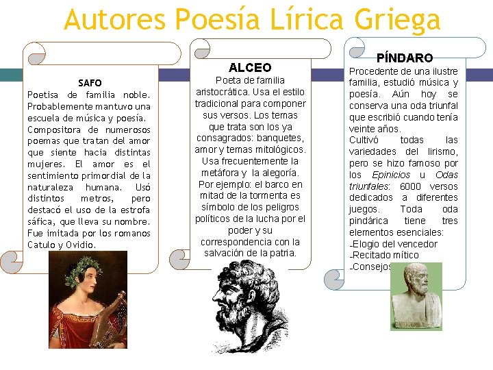 Autores Poesía Lírica Griega ALCEO SAFO Poetisa de familia noble. Probablemente mantuvo una escuela