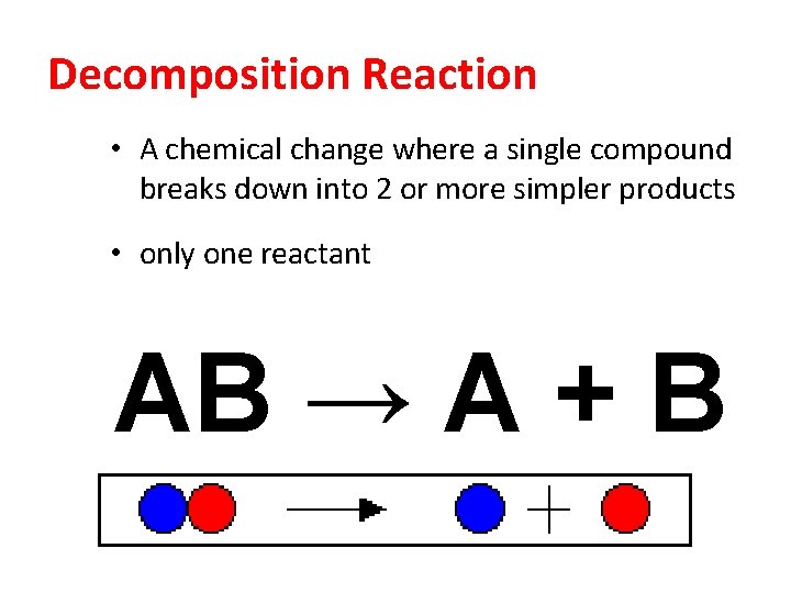 Decomposition Reaction • A chemical change where a single compound breaks down into 2