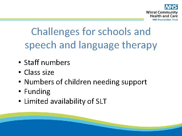 Challenges for schools and speech and language therapy • • • Staff numbers Class