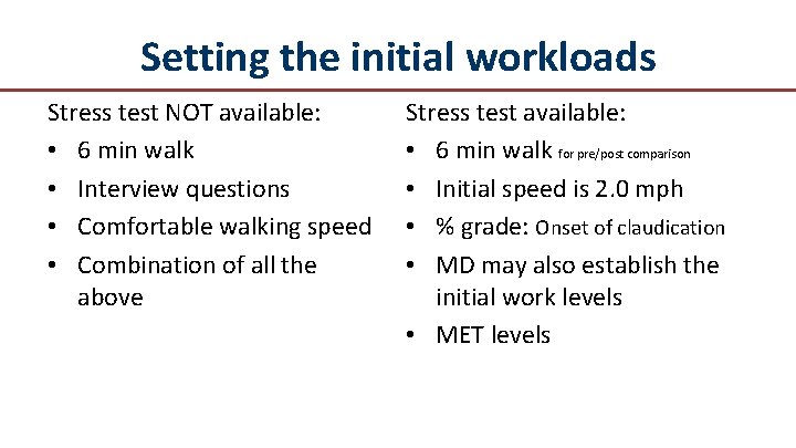 Setting the initial workloads Stress test NOT available: • 6 min walk • Interview