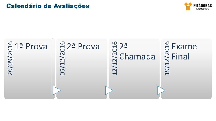 2ª Chamada 19/12/2016 2ª Prova 12/12/2016 1ª Prova 05/12/2016 26/09/2016 Calendário de Avaliações Exame