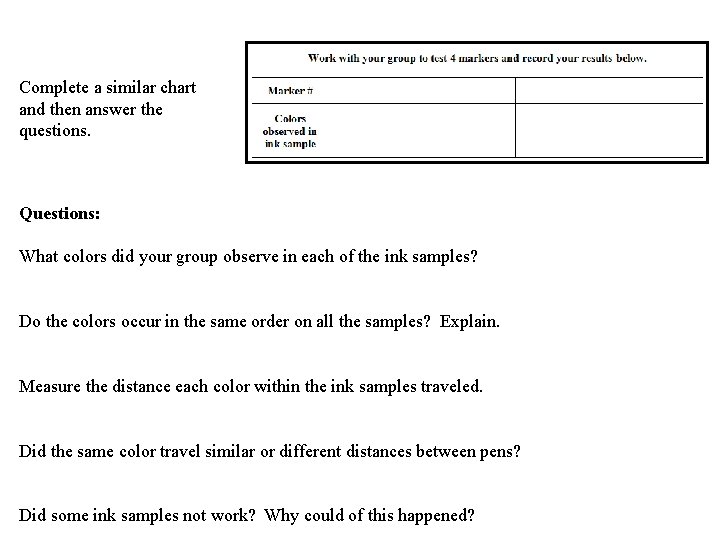 Complete a similar chart and then answer the questions. Questions: What colors did your Complete a similar chart and then answer the questions. Questions: What colors did your