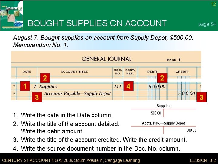 12 BOUGHT SUPPLIES ON ACCOUNT page 64 August 7. Bought supplies on account from