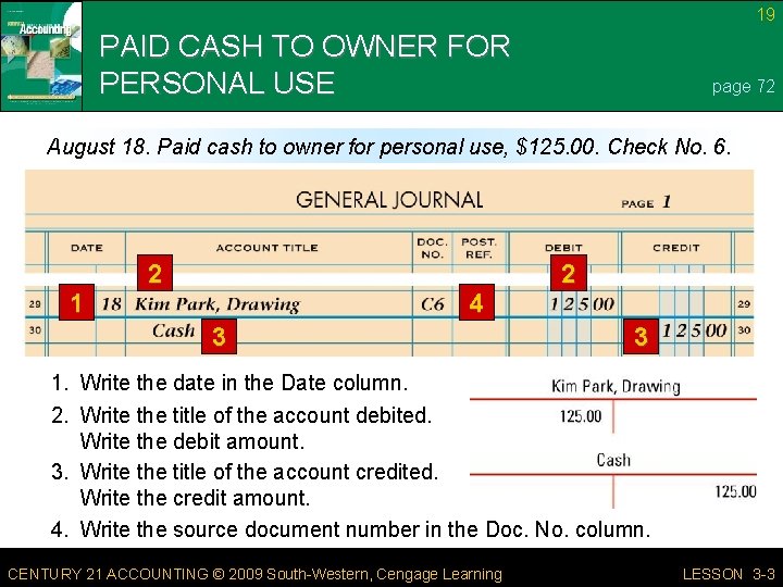 19 PAID CASH TO OWNER FOR PERSONAL USE page 72 August 18. Paid cash