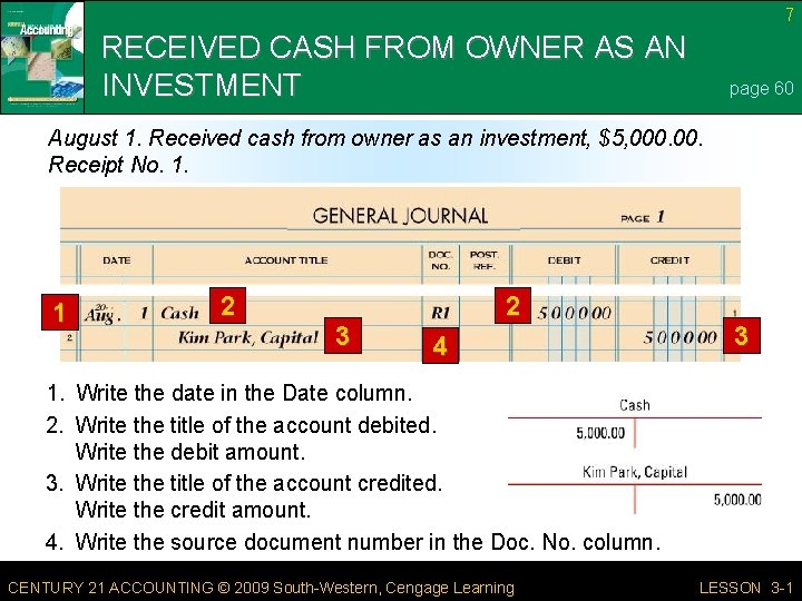 7 RECEIVED CASH FROM OWNER AS AN INVESTMENT page 60 August 1. Received cash