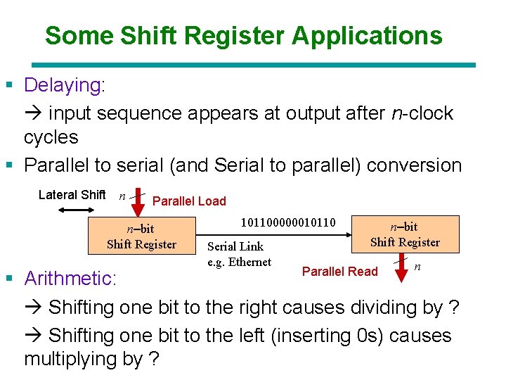 Some Shift Register Applications § Delaying: input sequence appears at output after n-clock cycles