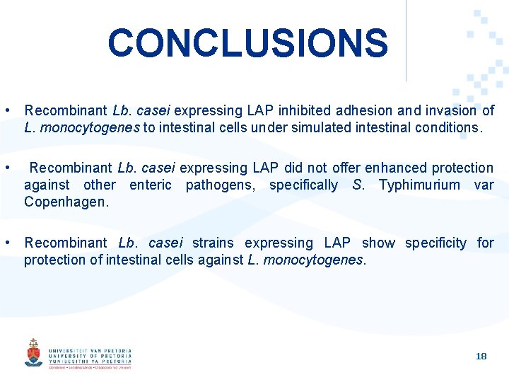 CONCLUSIONS • Recombinant Lb. casei expressing LAP inhibited adhesion and invasion of L. monocytogenes