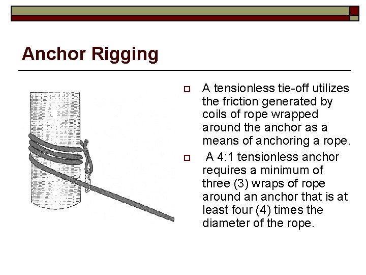 Anchor Rigging o o A tensionless tie-off utilizes the friction generated by coils of