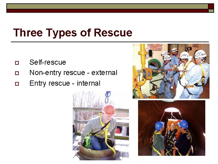 Three Types of Rescue o o o Self-rescue Non-entry rescue - external Entry rescue