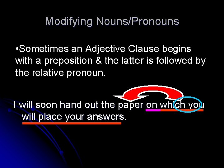 Modifying Nouns/Pronouns • Sometimes an Adjective Clause begins with a preposition & the latter