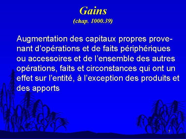 Gains (chap. 1000. 39) Augmentation des capitaux propres provenant d’opérations et de faits périphériques