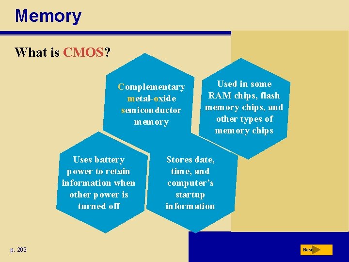 Memory What is CMOS? Complementary metal-oxide semiconductor memory Uses battery power to retain information