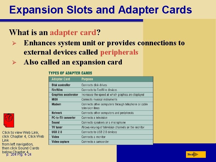 Expansion Slots and Adapter Cards What is an adapter card? Ø Ø Enhances system