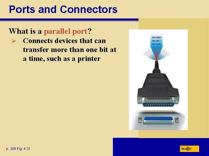 Ports and Connectors What is a parallel port? Ø Connects devices that can transfer