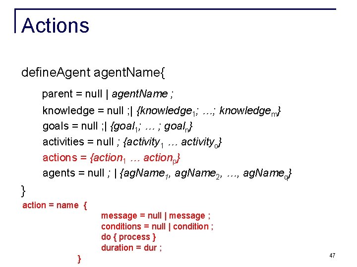 Actions define. Agent agent. Name{ parent = null | agent. Name ; knowledge = Actions define. Agent agent. Name{ parent = null | agent. Name ; knowledge =