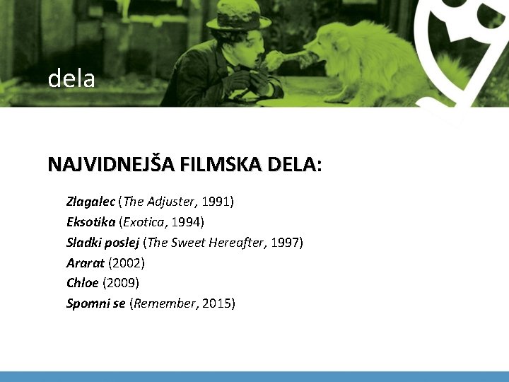 dela NAJVIDNEJŠA FILMSKA DELA: DELA Zlagalec (The Adjuster, 1991) Eksotika (Exotica, 1994) Sladki poslej