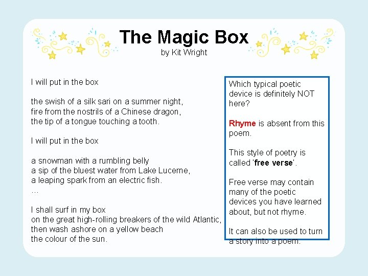 The Magic Box by Kit Wright I will put in the box the swish