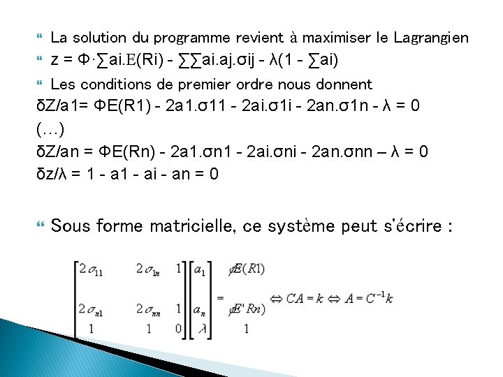 La solution du programme revient à maximiser le Lagrangien z = Φ·∑ai. E(Ri) -