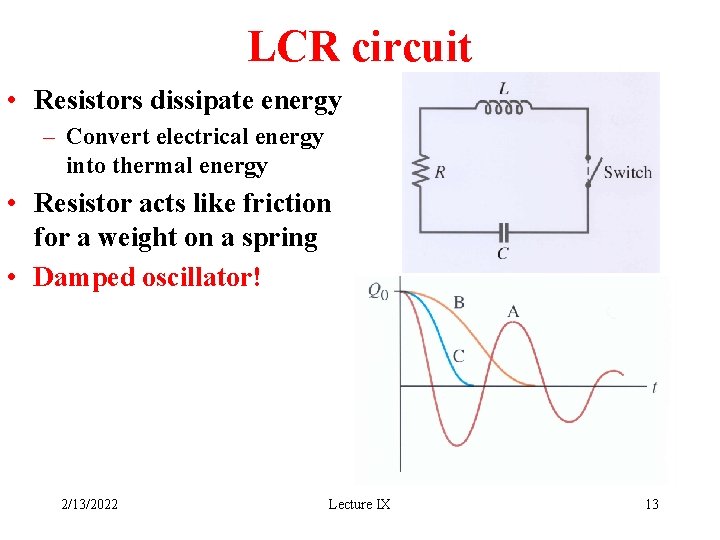 LCR circuit • Resistors dissipate energy – Convert electrical energy into thermal energy •