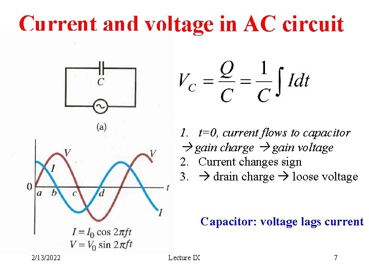 Current and voltage in AC circuit 1. t=0, current flows to capacitor gain charge