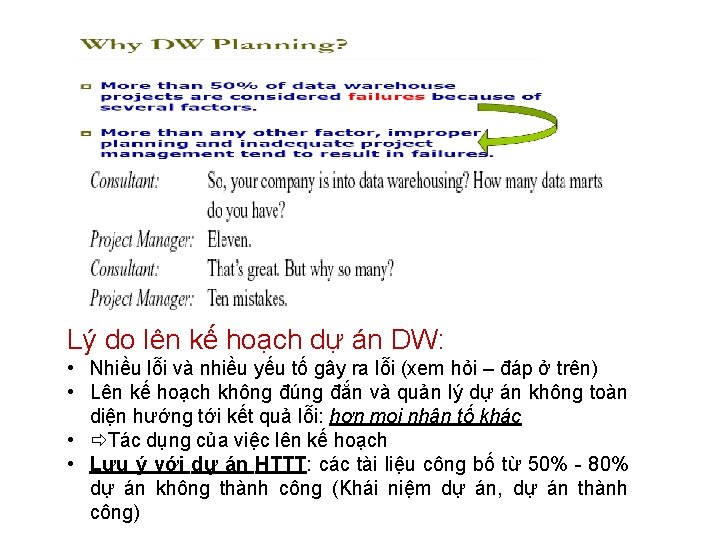 Lý do lên kế hoạch dự án DW: • Nhiều lỗi và nhiều yếu