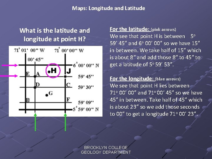 Maps: Longitude and Latitude What is the latitude and longitude at point H? For