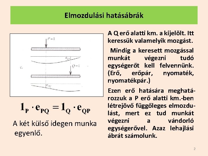 Elmozdulási hatásábrák A két külső idegen munka egyenlő. A Q erő alatti km. a