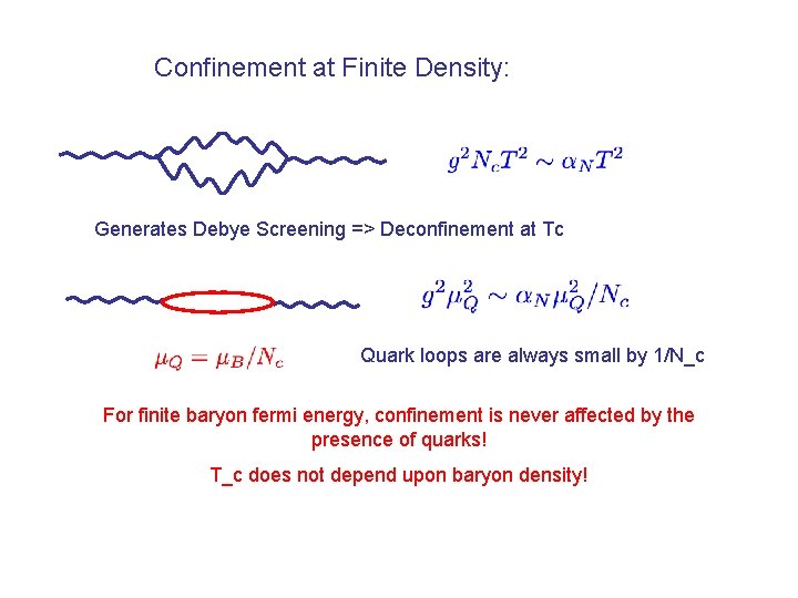Confinement at Finite Density: Generates Debye Screening => Deconfinement at Tc Quark loops are