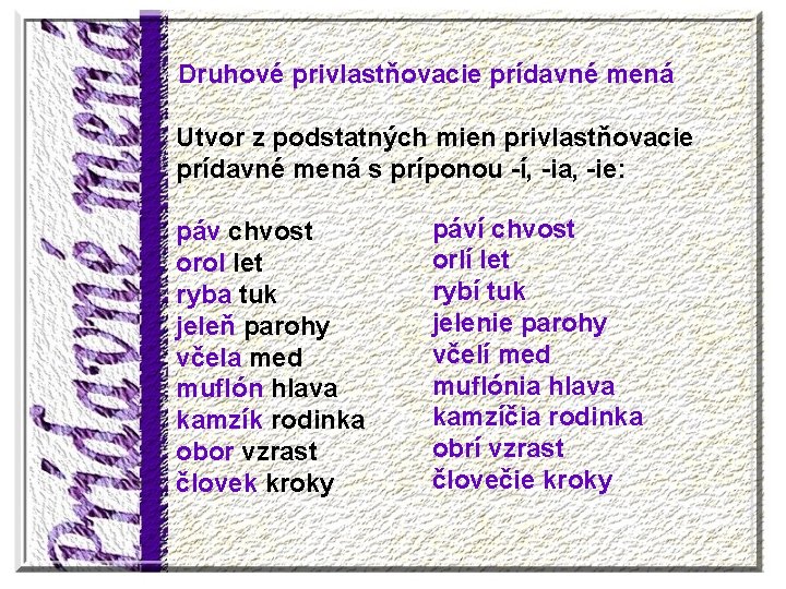 Druhové privlastňovacie prídavné mená Utvor z podstatných mien privlastňovacie prídavné mená s príponou -í,