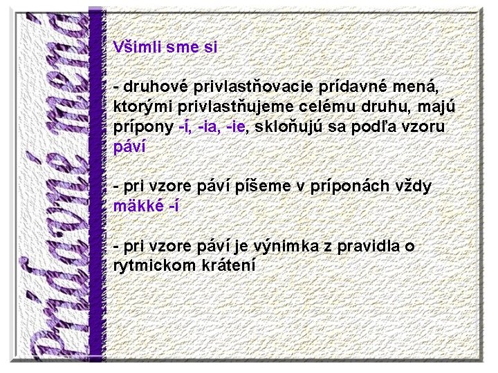 Všimli sme si - druhové privlastňovacie prídavné mená, ktorými privlastňujeme celému druhu, majú prípony