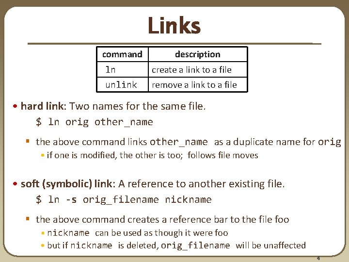 Links command description ln create a link to a file unlink remove a link Links command description ln create a link to a file unlink remove a link