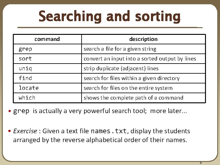 Searching and sorting command description grep search a file for a given string sort Searching and sorting command description grep search a file for a given string sort
