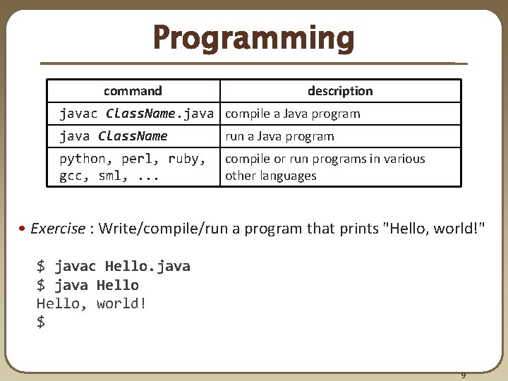 Programming command description javac Class. Name. java compile a Java program java Class. Name Programming command description javac Class. Name. java compile a Java program java Class. Name