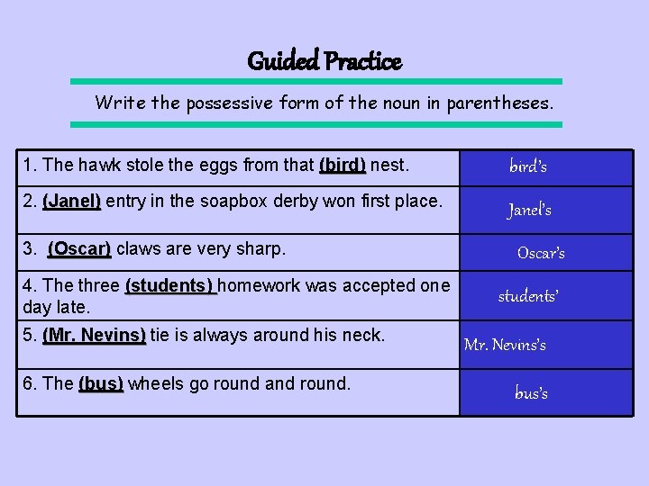 Guided Practice Write the possessive form of the noun in parentheses. 1. The hawk