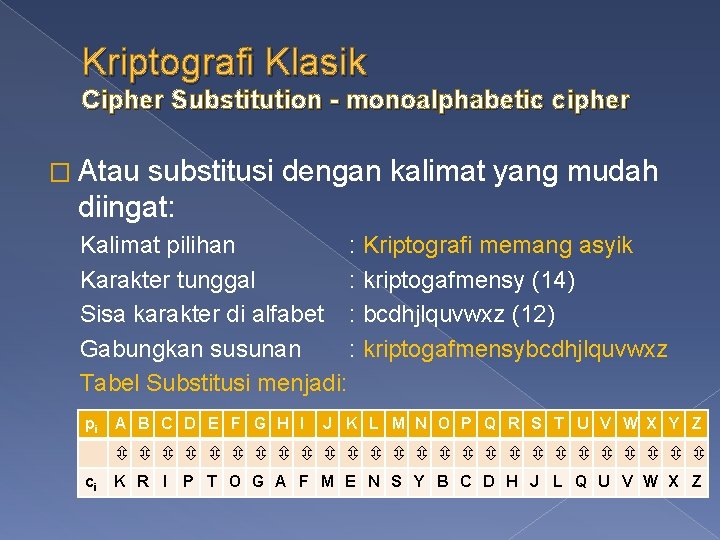Kriptografi Klasik Cipher Substitution - monoalphabetic cipher � Atau substitusi dengan kalimat yang mudah